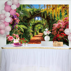 Lofaris Vibrant Floral Garden Photography Backdrop with Archway, Beautiful Nature Background for Studio Photoshoots