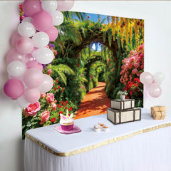 Lofaris Vibrant Floral Garden Photography Backdrop with Archway, Beautiful Nature Background for Studio Photoshoots