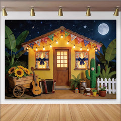 Lofaris Festive Mexican Fiesta Backdrop with Yellow House and String Lights, Full Moon Night Background for Party Decor