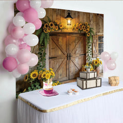 Lofaris Rustic Sunflower Barn Door Photography Backdrop, Elegant Wood Background for Studio Portrait and Event Decor