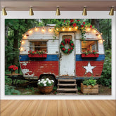 Lofaris Vintage Patriotic Camper Backdrop with Red White and Blue Star, Rustic Forest Scene for Independence Day Party Decor