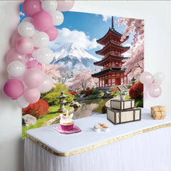 Lofaris Scenic Japanese Landscape Photography Backdrop with Red Pagoda and Cherry Blossoms, Beautiful Studio Background for Spring Photoshoot