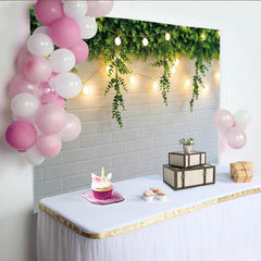 Lofaris Greenery String Light Photography Backdrop with White Brick Wall, Rustic Studio Background for Photoshoot and Event Decor