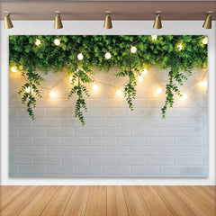 Lofaris Greenery String Light Photography Backdrop with White Brick Wall, Rustic Studio Background for Photoshoot and Event Decor