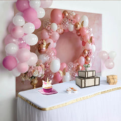 Lofaris Elegant Pink Rose Gold Birthday Backdrop with Balloons and Butterflies, Beautiful Party Decor for Girls Photoshoot and Celebration