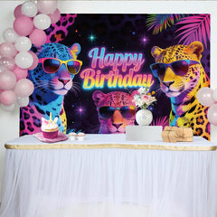 Lofaris Retro Neon Leopard Happy Birthday Backdrop with Cool Sunglasses, Colorful Party Background for Kids Celebration Decor