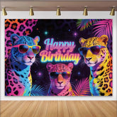 Lofaris Retro Neon Leopard Happy Birthday Backdrop with Cool Sunglasses, Colorful Party Background for Kids Celebration Decor