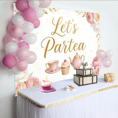 Lofaris Pink Floral Tea Party Birthday Backdrop with Golden Let's Partea Text, Elegant Photo Background for Girls Celebration and Party Decor