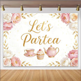 Lofaris Pink Floral Tea Party Birthday Backdrop with Golden Let's Partea Text, Elegant Photo Background for Girls Celebration and Party Decor