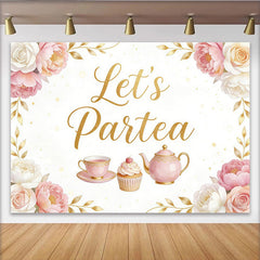 Lofaris Pink Floral Tea Party Birthday Backdrop with Golden Let's Partea Text, Elegant Photo Background for Girls Celebration and Party Decor