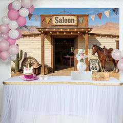 Lofaris Western Saloon Photography Backdrop with Horse and Route 66 Sign, Desert Cowboy Theme Background for Studio Photoshoot