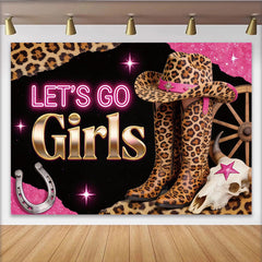 Lofaris Pink Glitter Cowgirl Birthday Backdrop with Leopard Print Let's Go Girls Western Party Background for Girls Photoshoot and Event Decor