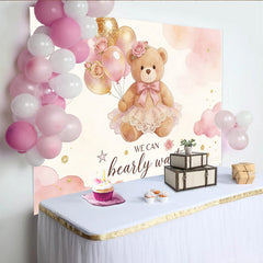 Lofaris Pink Gold Teddy Bear Baby Shower Backdrop with Balloons and Roses, Adorable We Can Bearly Wait Background for Party Decor