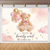 Lofaris Pink Gold Teddy Bear Baby Shower Backdrop with Balloons and Roses, Adorable We Can Bearly Wait Background for Party Decor