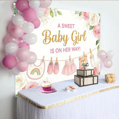 Lofaris Pink Floral Baby Girl Baby Shower Backdrop with Gold Glitter, Sweet Party Decor for Photoshoot and Celebration.