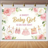 Lofaris Pink Floral Baby Girl Baby Shower Backdrop with Gold Glitter, Sweet Party Decor for Photoshoot and Celebration.