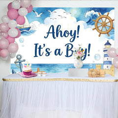 Lofaris Ahoy It's a Boy Nautical Baby Shower Backdrop with Sailboat and Lighthouse, Ocean Beach Theme Background for Party Decor
