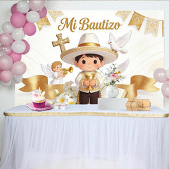 Lofaris Golden Mi Bautizo Baptism Backdrop with Cartoon Boy and Doves, Elegant Photography Background for Religious Ceremony Decor