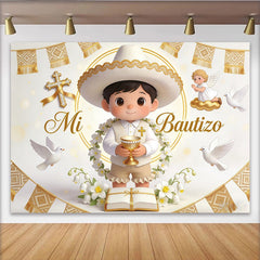 Lofaris White and Gold Mi Bautizo Baptism Backdrop for Boy, with Cute Cartoon Boy, Doves, and Angel, Elegant Photo Background