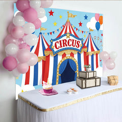 Lofaris Vibrant Cartoon Circus Birthday Backdrop with Red, White, and Blue Tent, Glitter and Balloons, Fun Party Decor for Kids Photoshoot