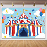 Lofaris Vibrant Cartoon Circus Birthday Backdrop with Red, White, and Blue Tent, Glitter and Balloons, Fun Party Decor for Kids Photoshoot