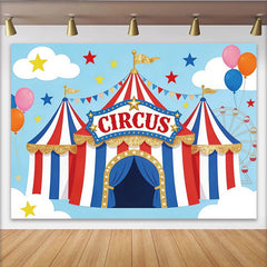 Lofaris Vibrant Cartoon Circus Birthday Backdrop with Red, White, and Blue Tent, Glitter and Balloons, Fun Party Decor for Kids Photoshoot