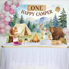 Lofaris One Happy Camper Camping Birthday Backdrop with Forest Animals, Tent, and Campfire, Woodland Party Decor for Celebration.