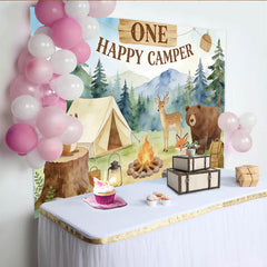 Lofaris One Happy Camper Camping Birthday Backdrop with Forest Animals, Tent, and Campfire, Woodland Party Decor for Celebration.