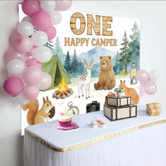 Lofaris Woodland Camping One Happy Camper 1st Birthday Backdrop with Forest Animals, Nature Photography Background for Party Decor
