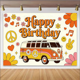 Lofaris Retro Hippie Happy Birthday Backdrop with Vintage Van and Peace Signs, Groovy 70s Party Decor for Photoshoot.