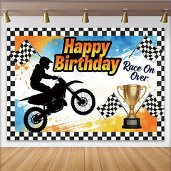 Lofaris Happy Birthday Racing Motorcycle Backdrop for Boys, Dynamic Party Decor with Checkered Flags and Trophy