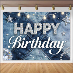 Lofaris Sparkling Glitter Denim Birthday Backdrop with Happy Birthday Text, Elegant Photo Background for Party Decoration