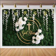 Lofaris God Bless Green Moss Wall Baptism Backdrop with White Flowers, Elegant Golden Cross Background for Religious Events.