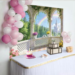 Lofaris Dreamy Fairytale Castle Balcony Photography Backdrop with Rainbow and Doves, Photo Background for Princess Party and Studio Portrait