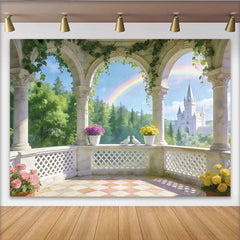 Lofaris Dreamy Fairytale Castle Balcony Photography Backdrop with Rainbow and Doves, Photo Background for Princess Party and Studio Portrait