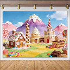 Lofaris Vibrant Candy Land Birthday Backdrop with Gingerbread House and Castle, Sweet Fantasy Party Background for Kids Photoshoot
