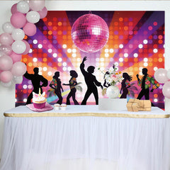 Lofaris Pink Disco Ball Dance Backdrop with Colorful Bokeh Lights and Dancing Silhouettes, Retro Party Background for Event Decor.