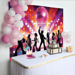 Lofaris Pink Disco Ball Dance Backdrop with Colorful Bokeh Lights and Dancing Silhouettes, Retro Party Background for Event Decor.