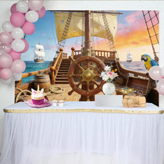 Lofaris Wooden Pirate Ship Photography Backdrop with Treasure Chests and Parrot, Ocean Adventure Background for Studio Photoshoot