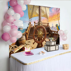 Lofaris Wooden Pirate Ship Photography Backdrop with Treasure Chests and Parrot, Ocean Adventure Background for Studio Photoshoot