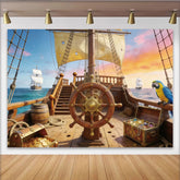 Lofaris Wooden Pirate Ship Photography Backdrop with Treasure Chests and Parrot, Ocean Adventure Background for Studio Photoshoot