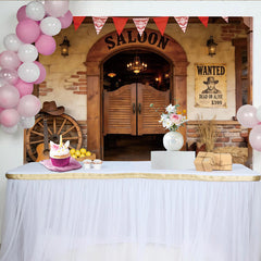 Lofaris Rustic Western Saloon Photography Backdrop with Wanted Poster and Wooden Doors, Perfect for Cowboy Party Decor
