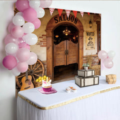 Lofaris Rustic Western Saloon Photography Backdrop with Wanted Poster and Wooden Doors, Perfect for Cowboy Party Decor
