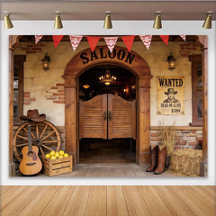 Lofaris Rustic Western Saloon Photography Backdrop with Wanted Poster and Wooden Doors, Perfect for Cowboy Party Decor
