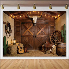Lofaris Rustic Western Photography Backdrop with Barn Doors and Bull Skull, Cowboy Theme Studio Background for Photoshoot