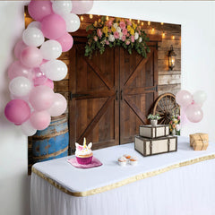 Lofaris Rustic Wooden Barn Photography Backdrop with Floral Arch and String Lights, Charming Farmhouse Background for Event Photoshoot