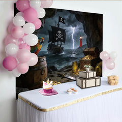 Lofaris Dark Cave Pirate Photography Backdrop with Treasure and Stormy Sea, Adventure Theme Background for Party Decor