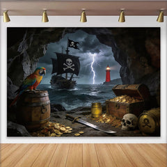 Lofaris Dark Cave Pirate Photography Backdrop with Treasure and Stormy Sea, Adventure Theme Background for Party Decor
