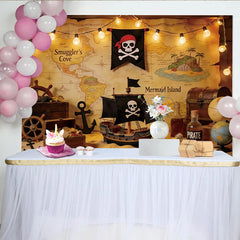 Lofaris Pirate Photography Backdrop with Treasure Map, Ship, and Gold Coins, Adventure Theme Background for Party Decor and Photoshoot