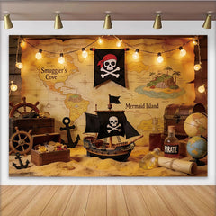 Lofaris Pirate Photography Backdrop with Treasure Map, Ship, and Gold Coins, Adventure Theme Background for Party Decor and Photoshoot